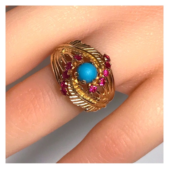 18KT SOLID GOLD ANTIQUE TURQUOISE & RUBY RING - 7.65 GRAMS!! - Picture 8 of 13